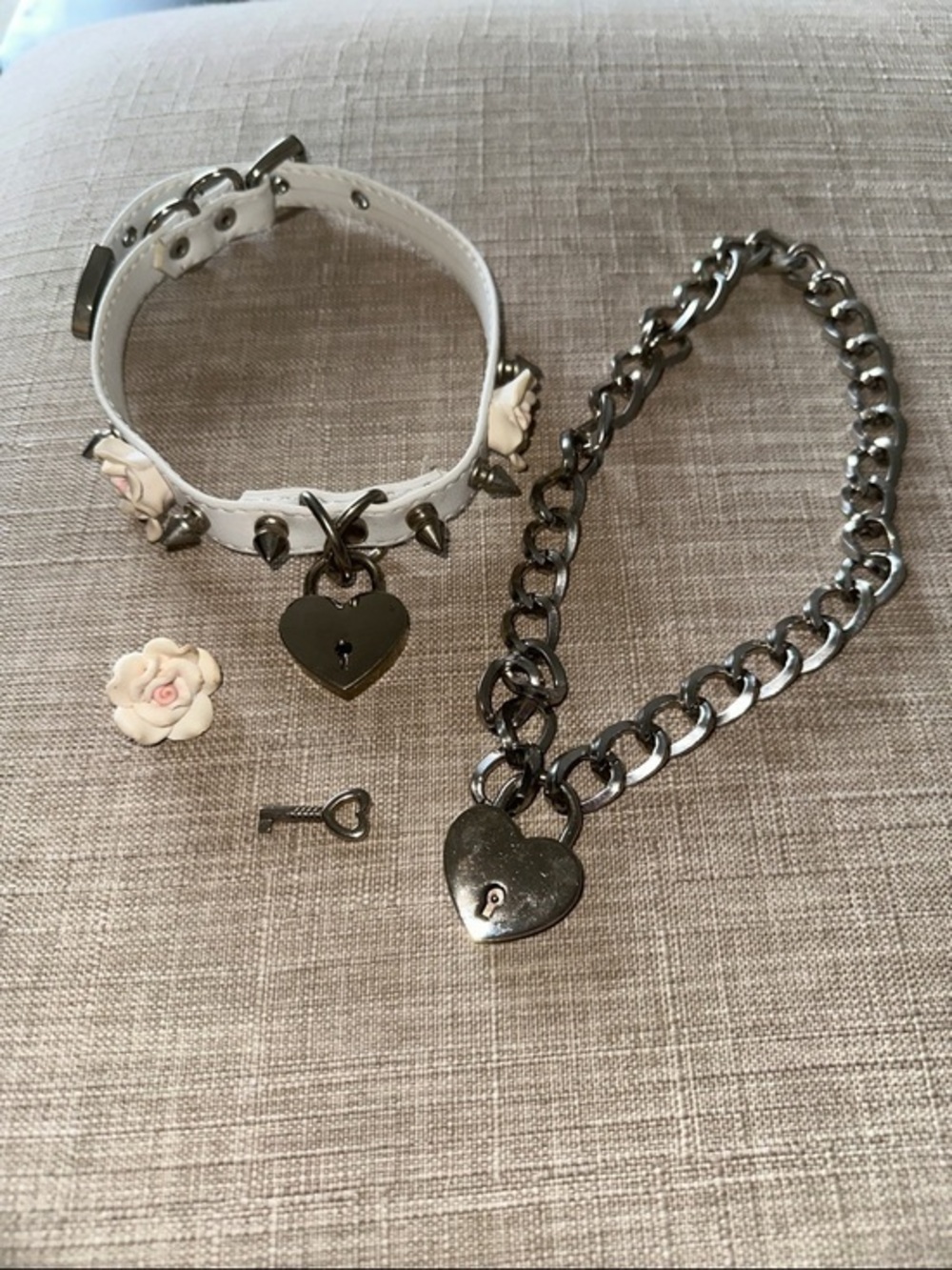Faux Leather Studded Floral Choker Collar Heart Locket & Key & Chain Choker Set